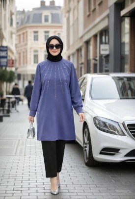 Behrem Büyük Beden Tesettür Örme Taşlı Tunik 