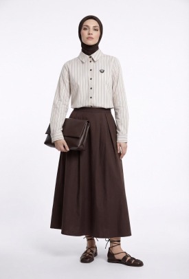 Armine Trend Gömleği Çizgili Etekli İkili Takım Kahverengi 26YT638