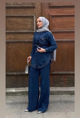 Denim Kot Bol Paça Pantolonlu ikili Takım