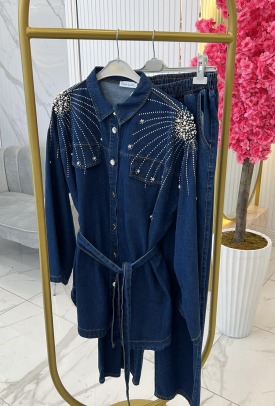 Taş Detay Denim Kot Bol Paça Pantolonlu ikili Takım